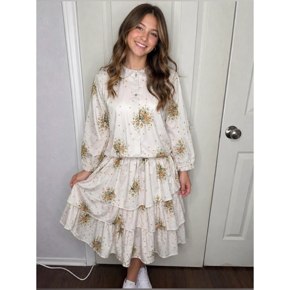 Olivia Rohde Floral Tiered Ruffle Midi Dress Cream Floral Sz S Cottagecore